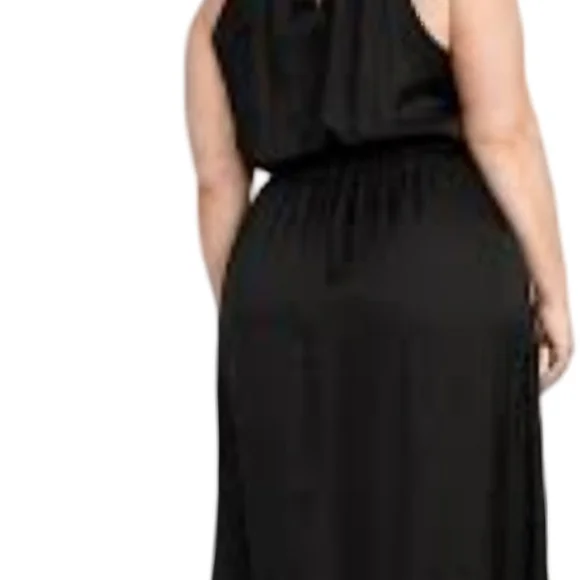 Women's plus size sleeveless satin black evening 👗 with split oveskirt - Picture 2 of 6